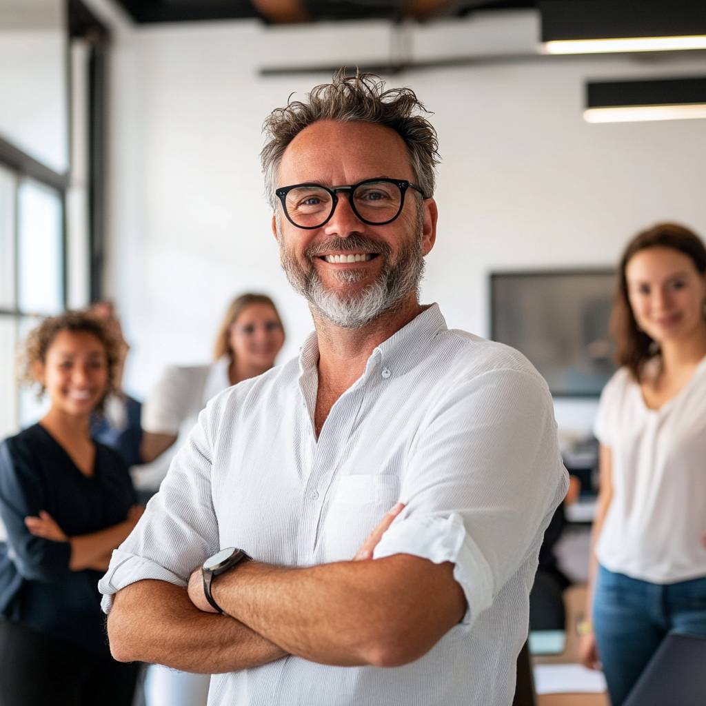 A smiling man with gray hair and glasses stands in the foreground, arms crossed, with three women in the background in an office setting.