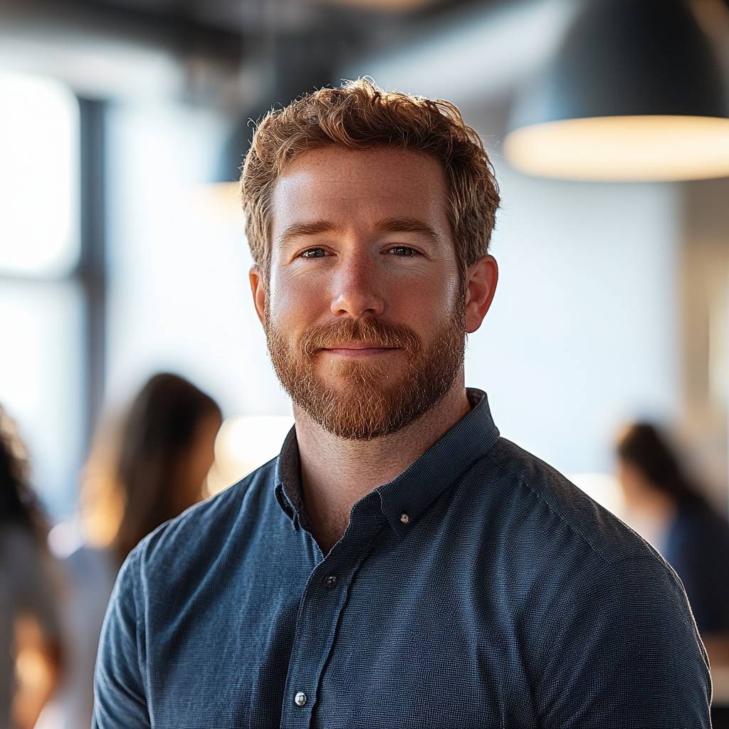 A young man with a beard and short hair, wearing a navy button-up shirt, smiles confidently while standing in a bright, modern workspace.