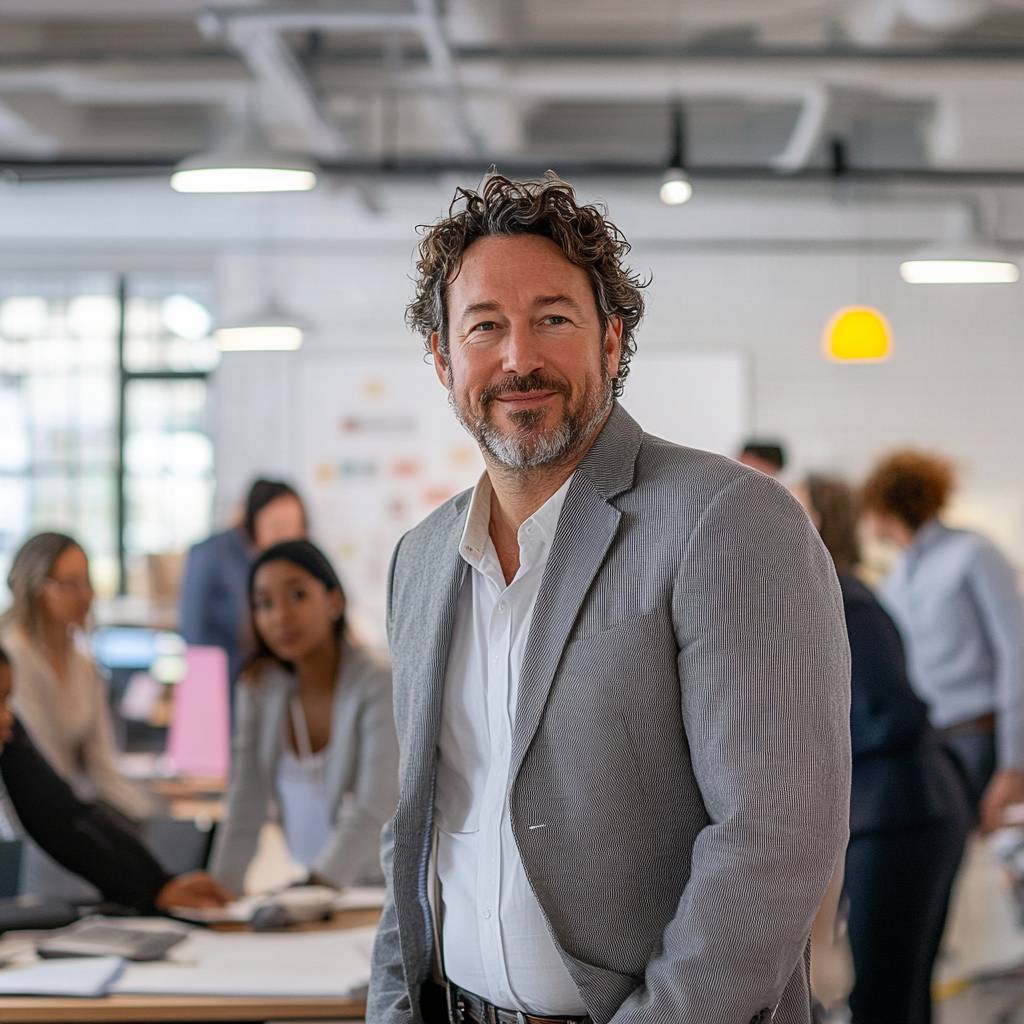 A man with curly hair and a beard smiles at the camera in a modern office setting, with colleagues engaged in conversation in the background.