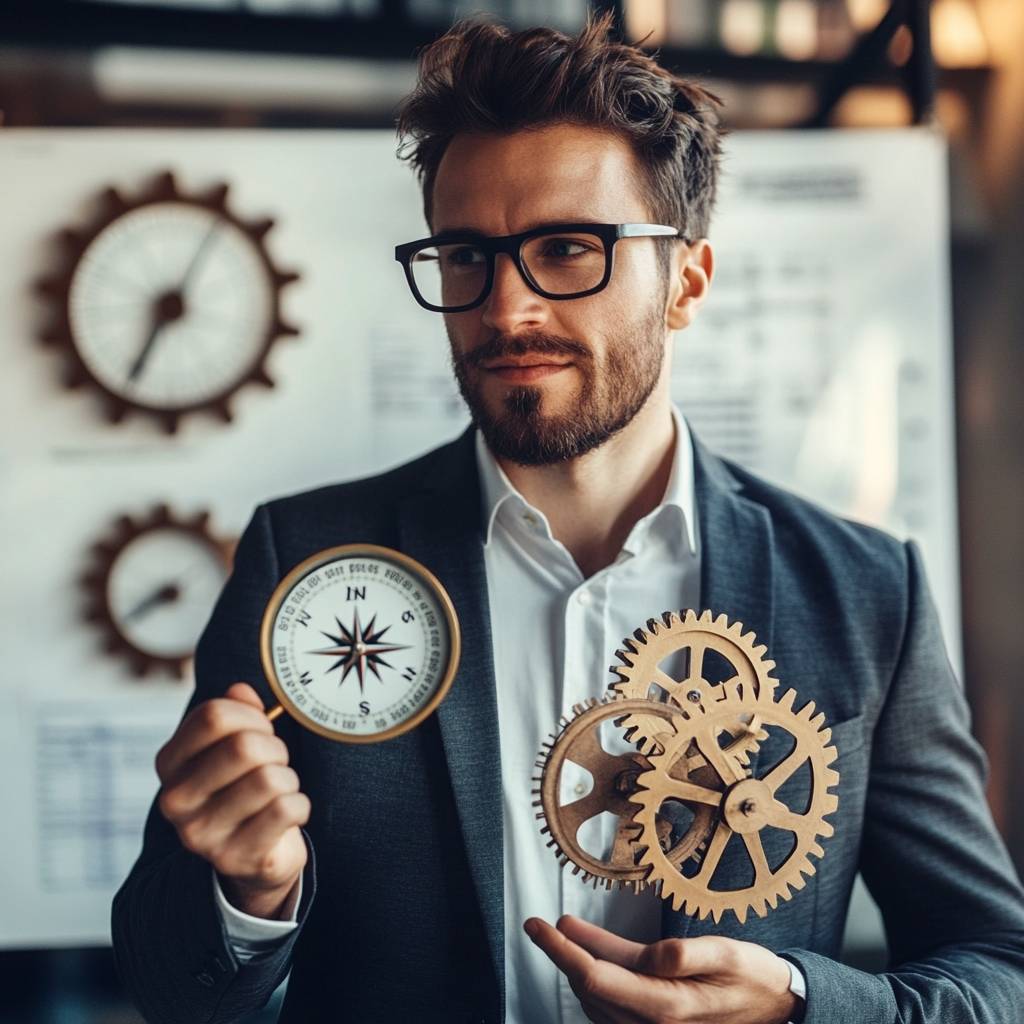 A bearded man in a suit holds a compass in one hand and wooden gears in the other, with clock gears displayed in the background.