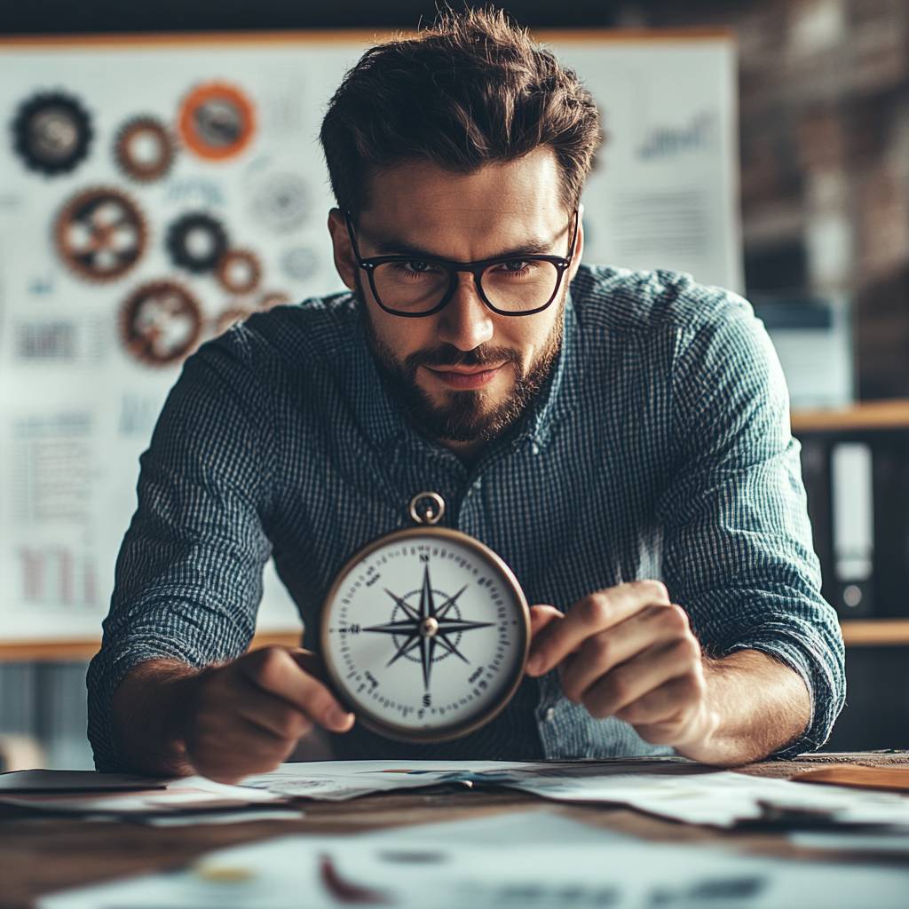 A young man in glasses focused on a compass while sitting at a table covered with papers in a stylized office environment.