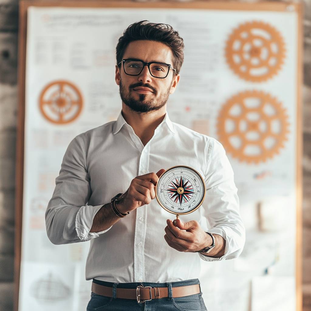 A bespectacled man in a white shirt stands holding a compass, with a presentation board featuring various diagrams in the background.