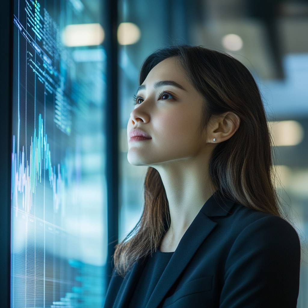 A woman in a black blazer gazes thoughtfully at a digital display of data and graphs in a modern office setting.