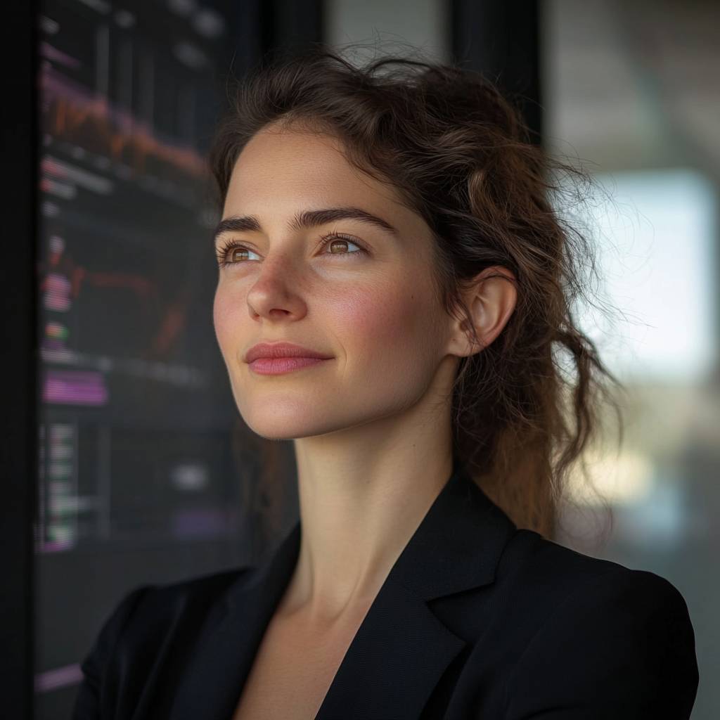 A woman with curly hair, wearing a black blazer, gazes thoughtfully into the distance, with a backdrop of digital graphs and data displays.