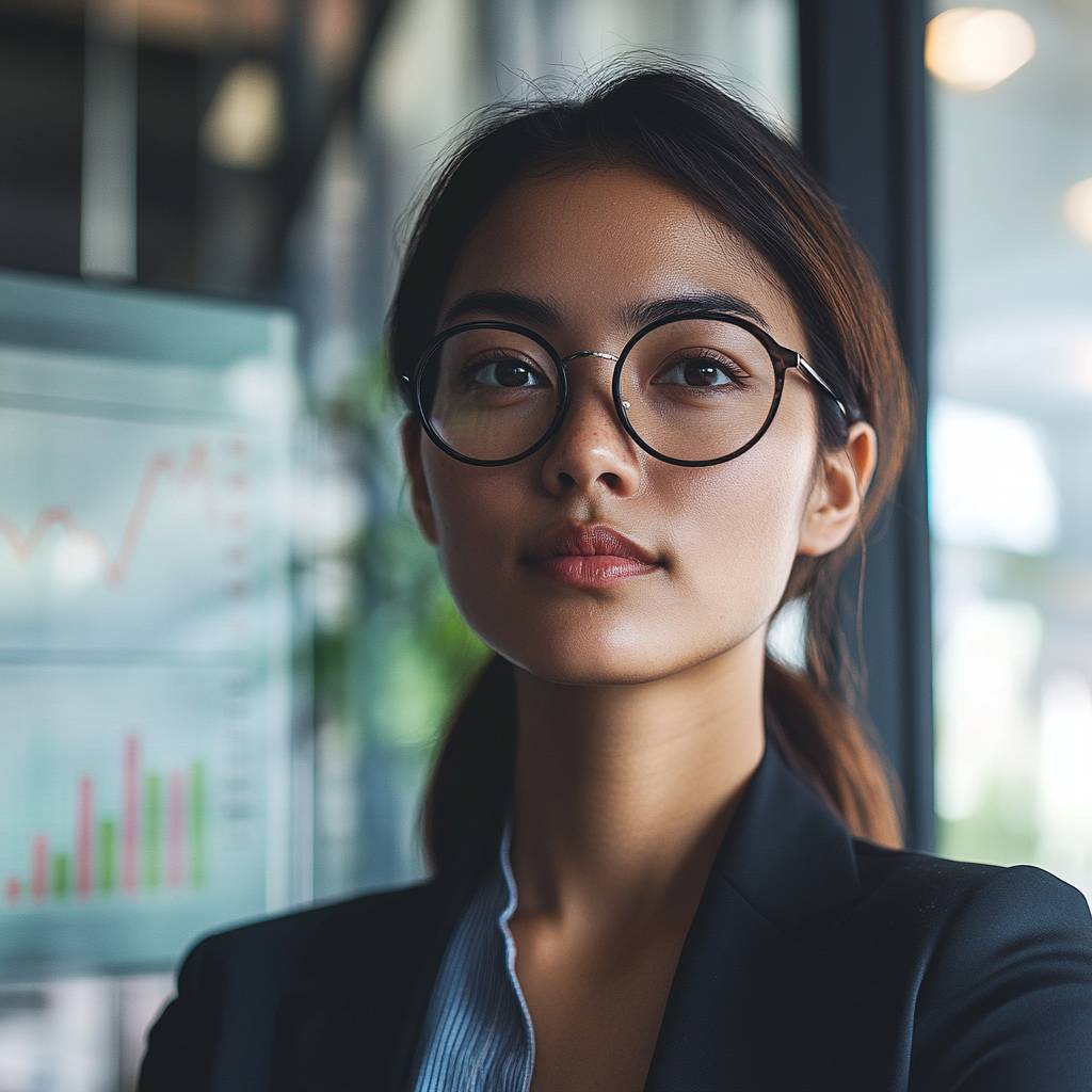 A professional woman with long hair, wearing round glasses and a black blazer, stands confidently in front of a glass wall with graphs.