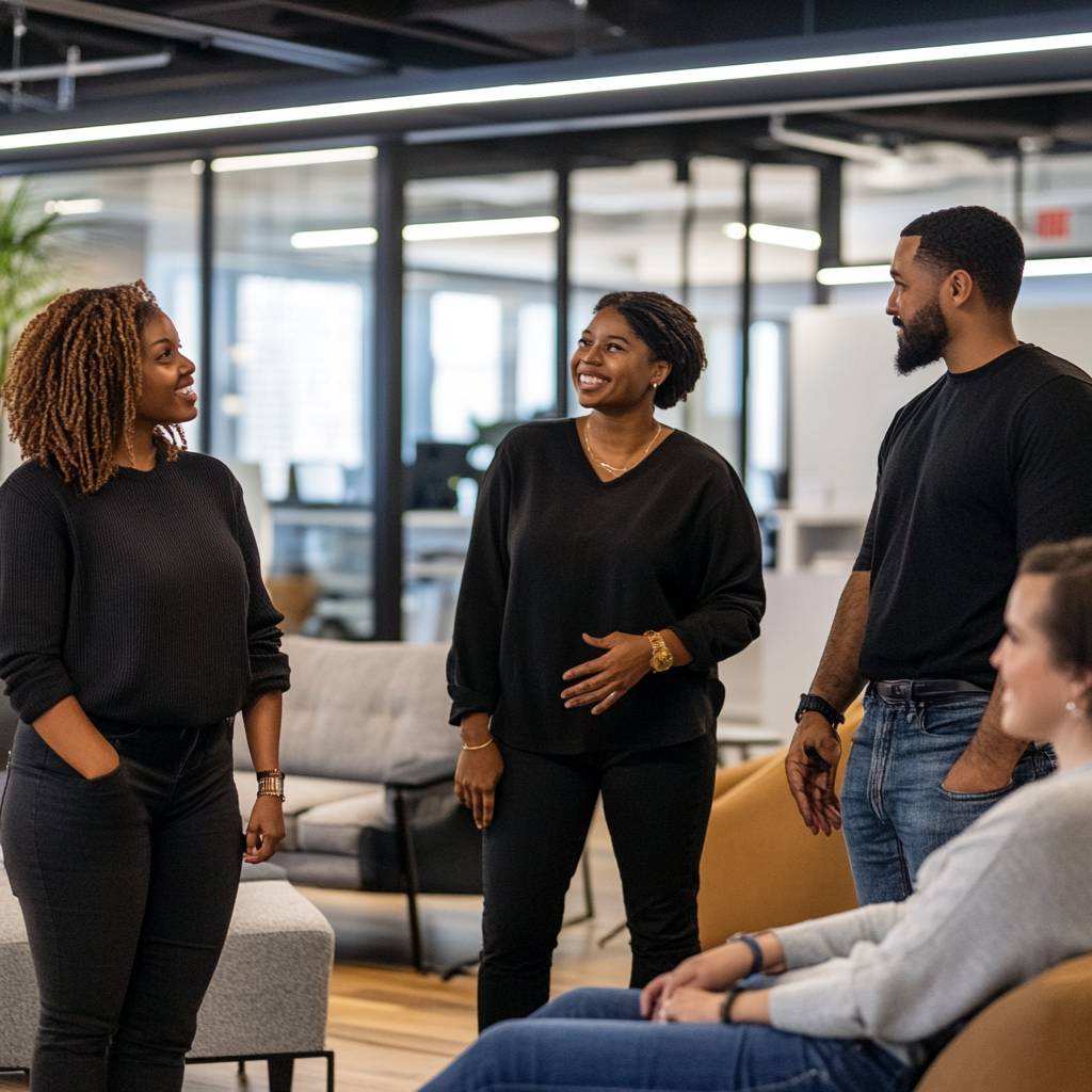 A group of four people engaged in conversation in a modern office space, with two women smiling and two men listening attentively.