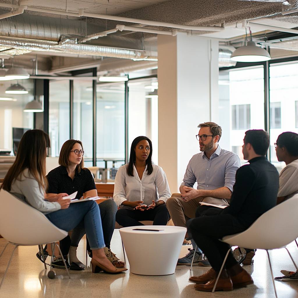 A group of six professionals engaged in a discussion, seated in a modern office space around a circular table, with natural light streaming in.