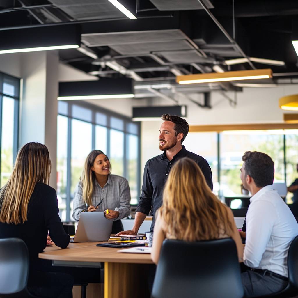 A diverse group of five professionals engaged in a collaborative meeting around a wooden table in a modern office setting.