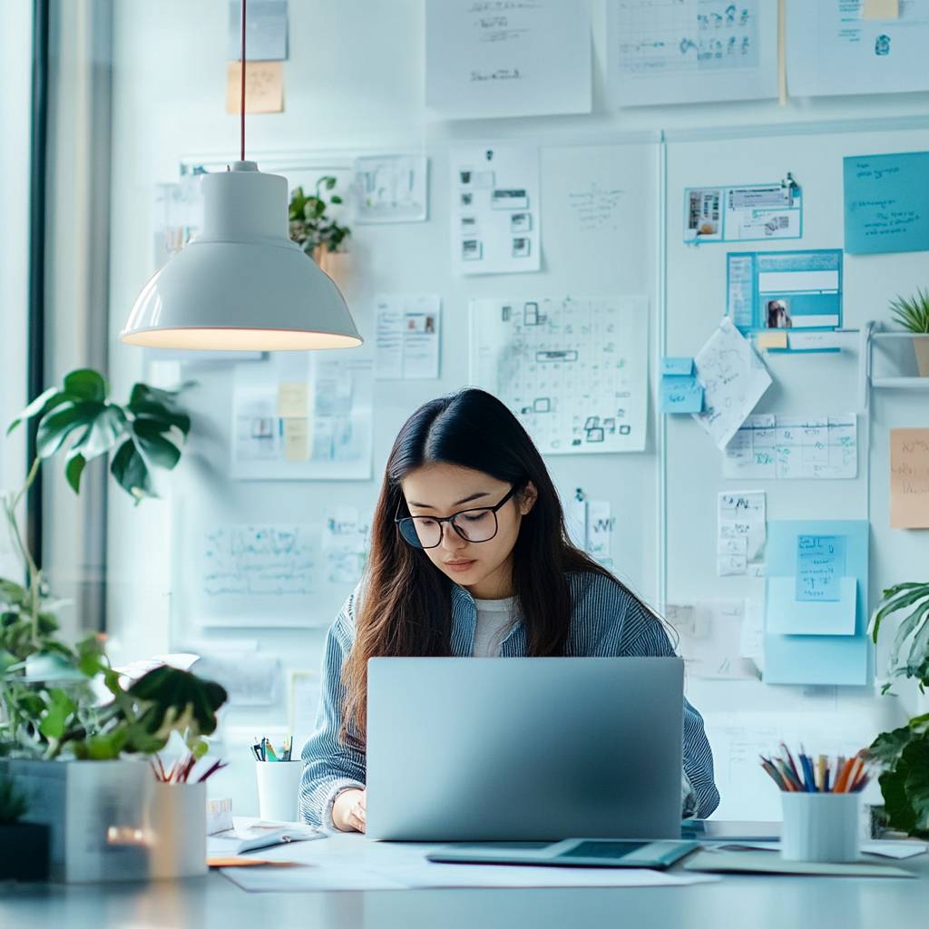 A woman with long hair and glasses works on a laptop at a desk surrounded by plants and various documents pinned on the wall.
