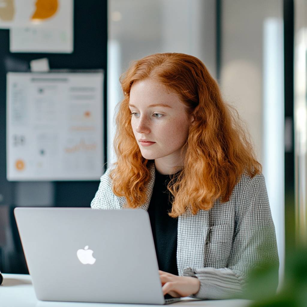 A woman with wavy red hair focused on her laptop, wearing a checked blazer, with documents and charts on the wall behind her.