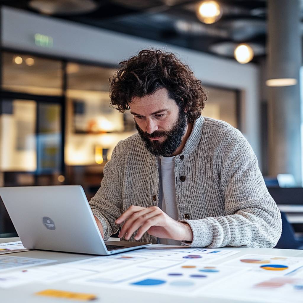 A man with curly hair and a beard is focused on a laptop in a modern workspace, surrounded by documents featuring charts and graphs.
