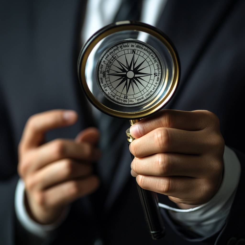 A man in a suit holds a gold-rimmed compass with a detailed compass rose, focusing intently on the instrument.