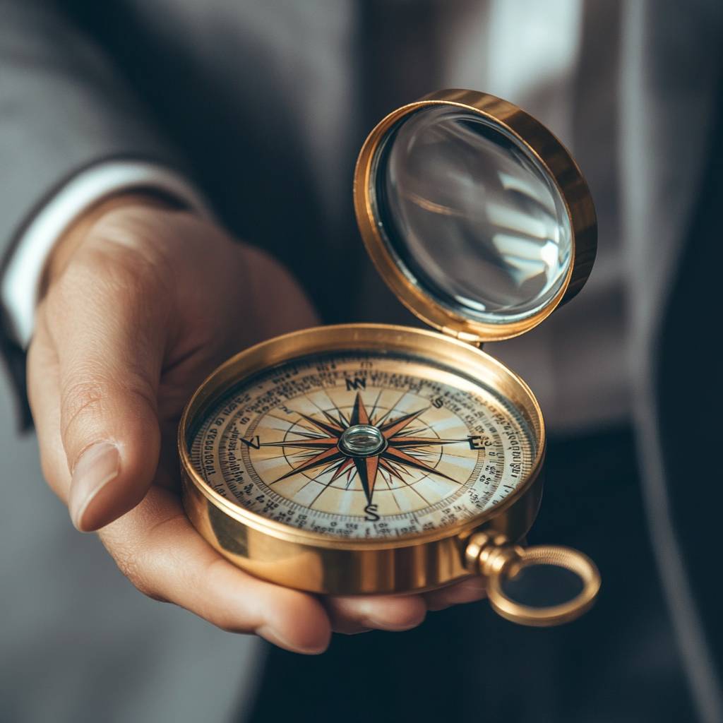 A person holding an open golden compass with a detailed compass rose and directional markings, set against a blurred background.