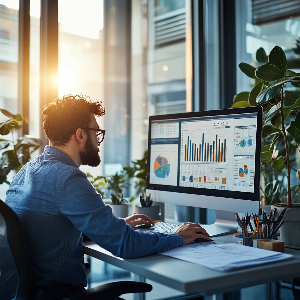 A man with curly hair and glasses works at a computer displaying colorful graphs and charts, surrounded by plants in a bright office.
