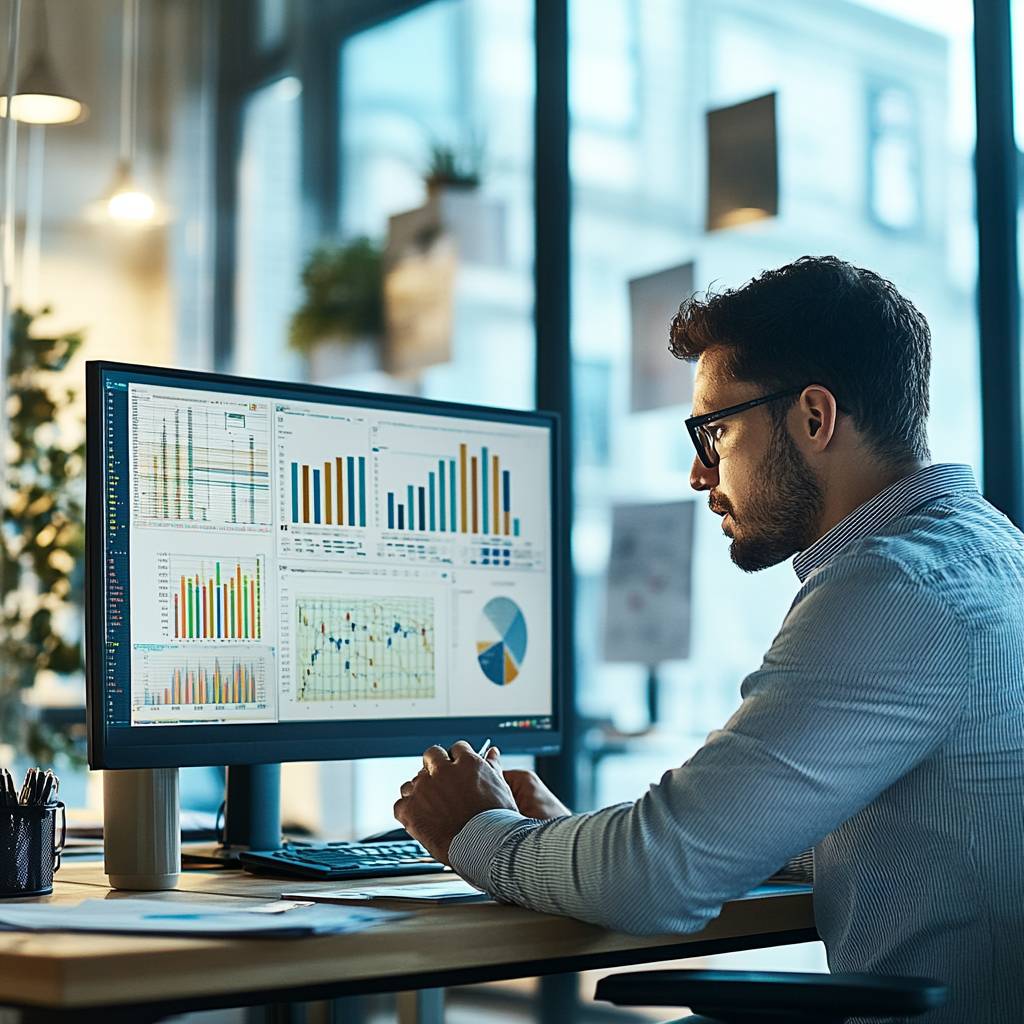A man in a striped shirt sits at a desk, analyzing colorful graphs and charts on a large computer screen in a bright office space.