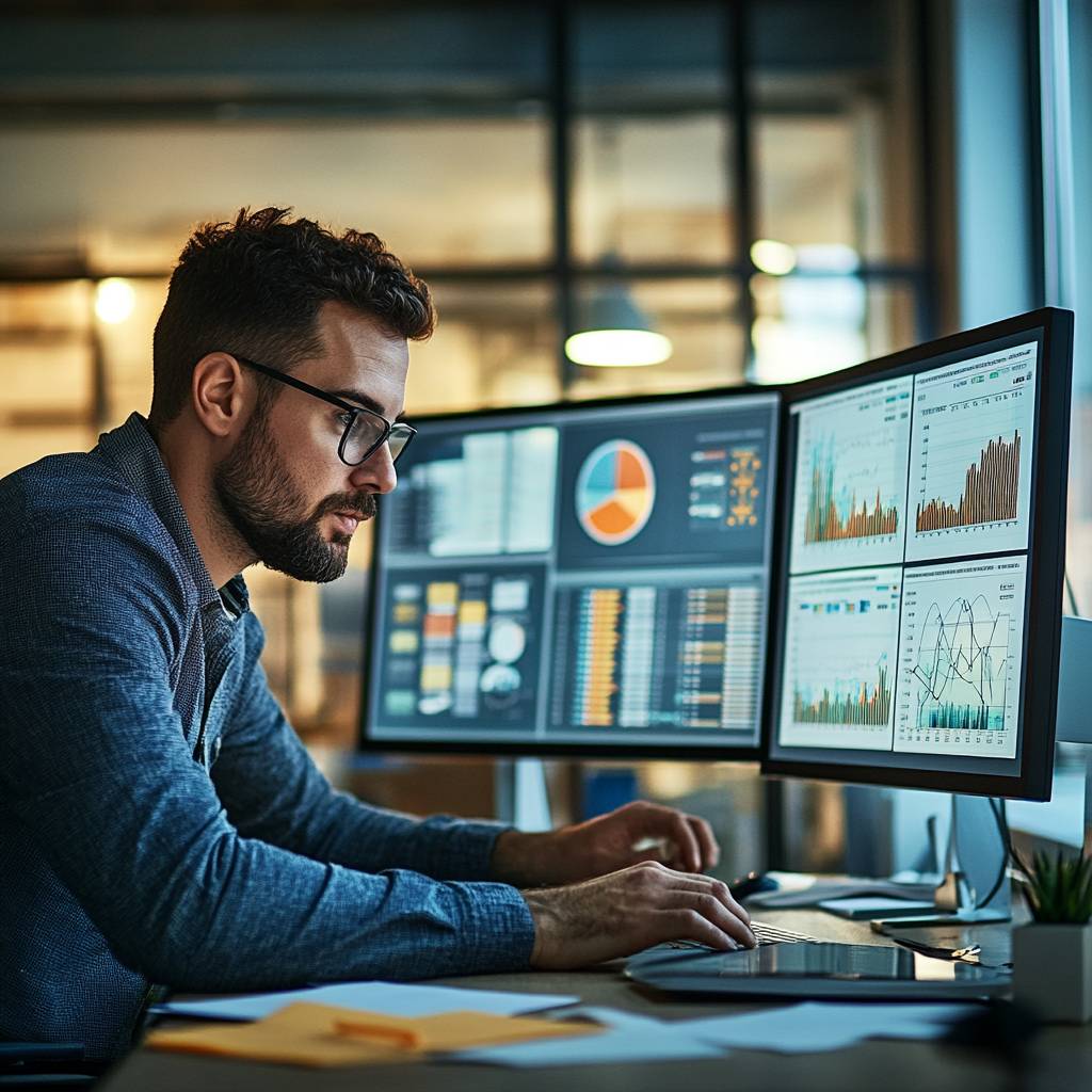 A man with curly hair and glasses focuses on multiple computer screens displaying graphs, charts, and data analysis in a modern office setting.