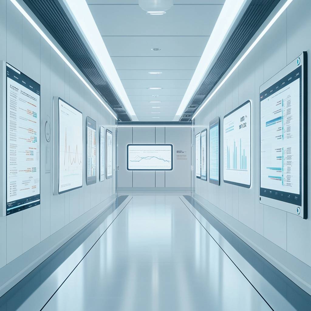 A sleek, well-lit corridor with multiple digital screens displaying data charts and graphs on both sides, featuring a central larger screen.