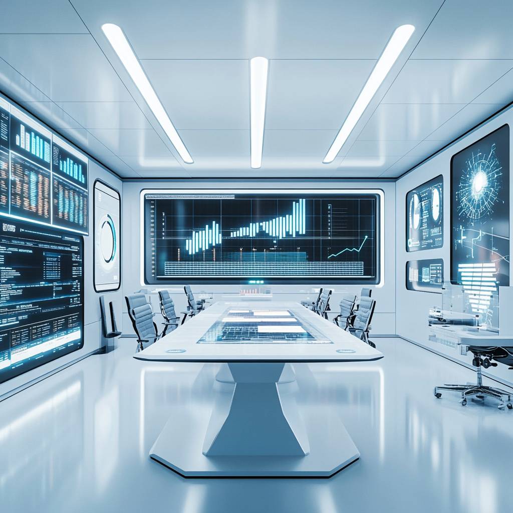 A modern conference room with a sleek white table, multiple digital screens displaying data analytics and graphs, surrounded by ergonomic chairs.