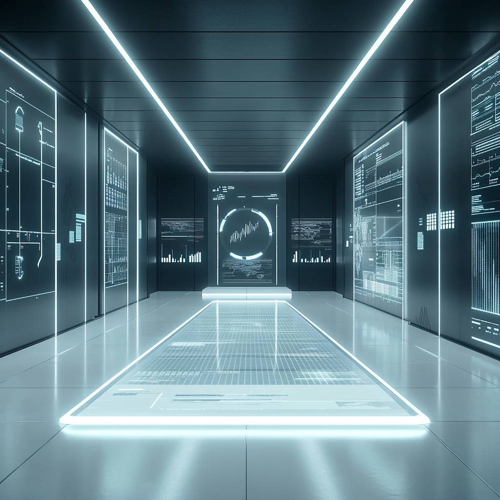 A futuristic hallway featuring illuminated walls with digital displays and graphs, a glowing floor, and a modern, sleek design aesthetic.