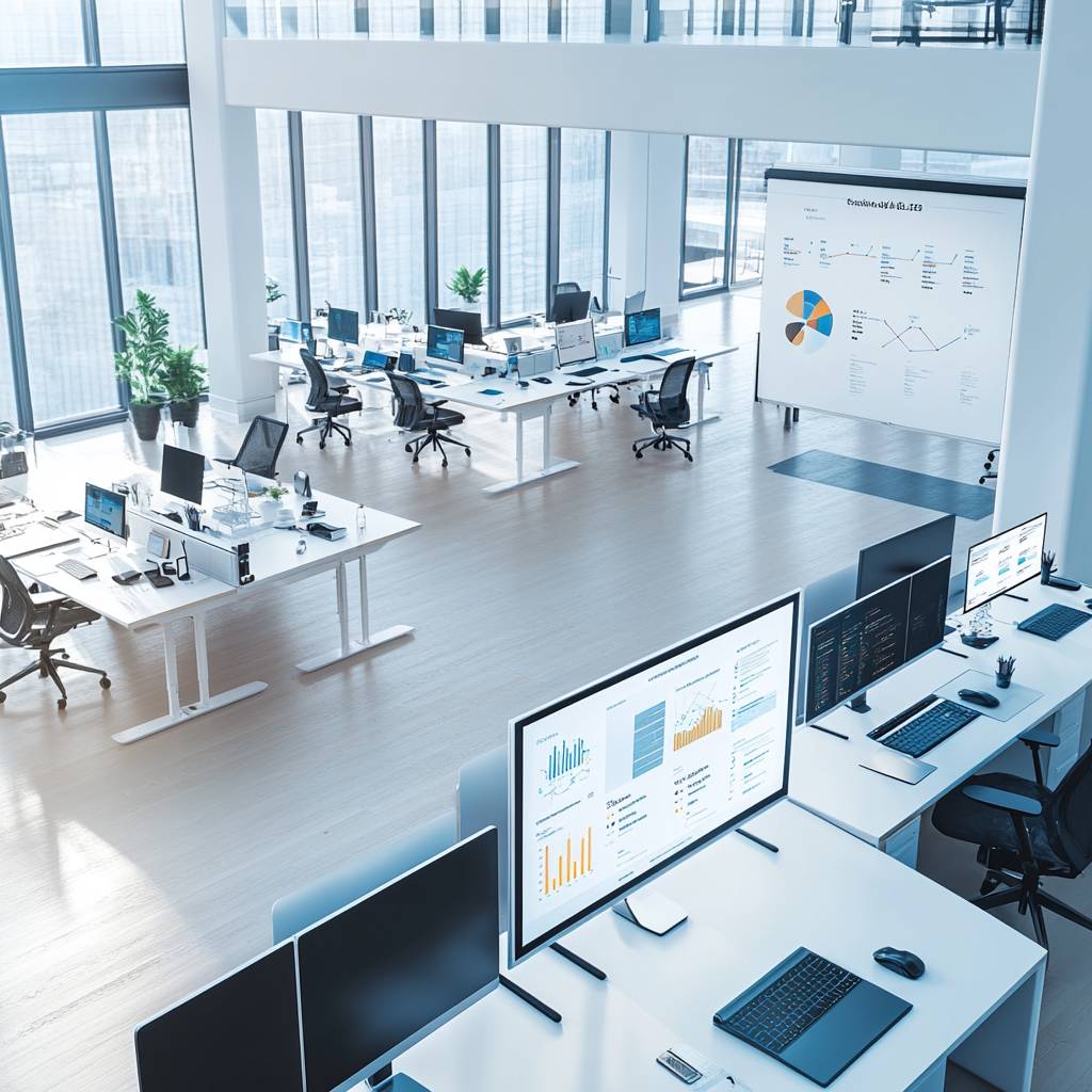A modern office space featuring multiple desks with computers, large windows providing natural light, and a presentation screen displaying data charts.