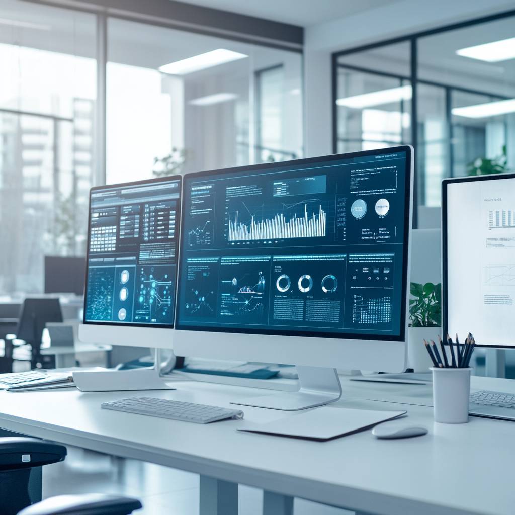Two modern desktop monitors displaying detailed data visualizations and graphs, set on a bright office workspace with a keyboard and potted plants.