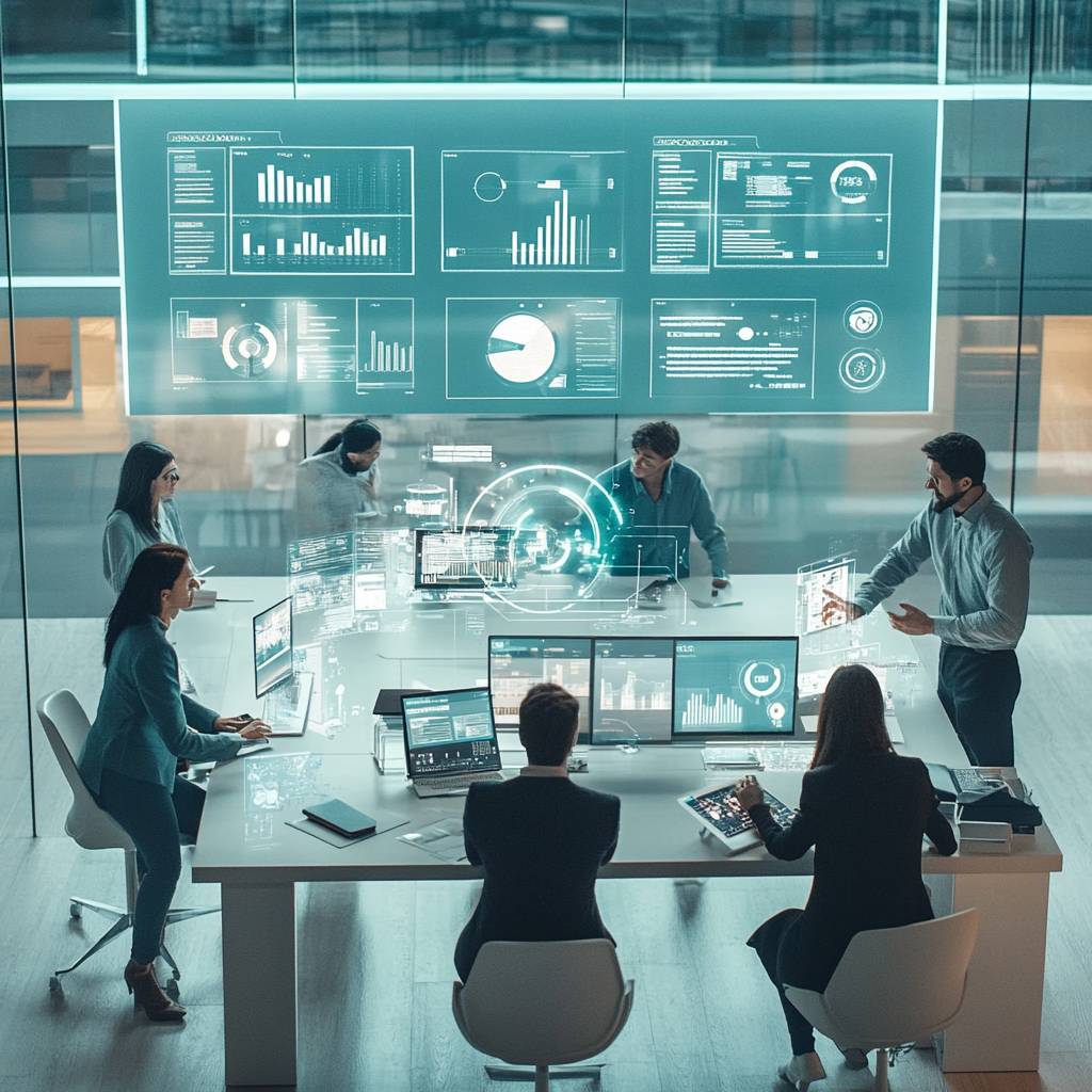 A modern conference room with a group of professionals collaborating around a table, analyzing digital data displayed on multiple screens and holograms.