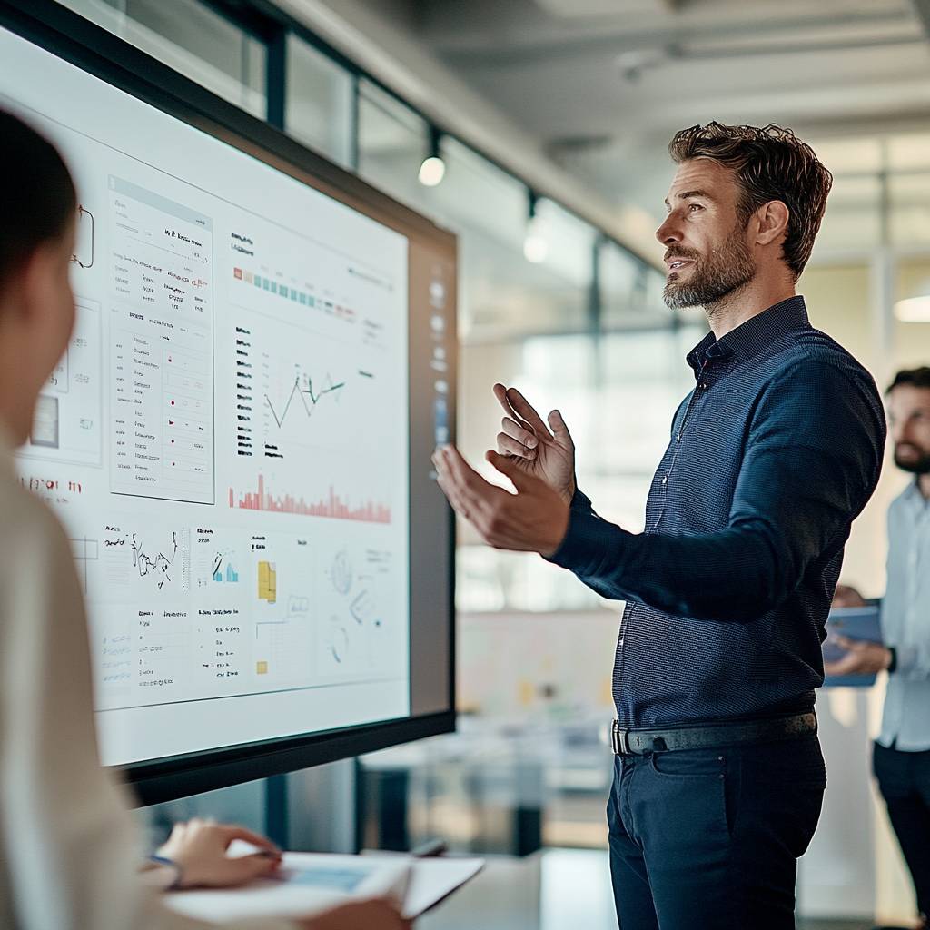 A businessman gestures while presenting data visualizations on a touchscreen display in a modern office setting. Colleagues observe attentively.