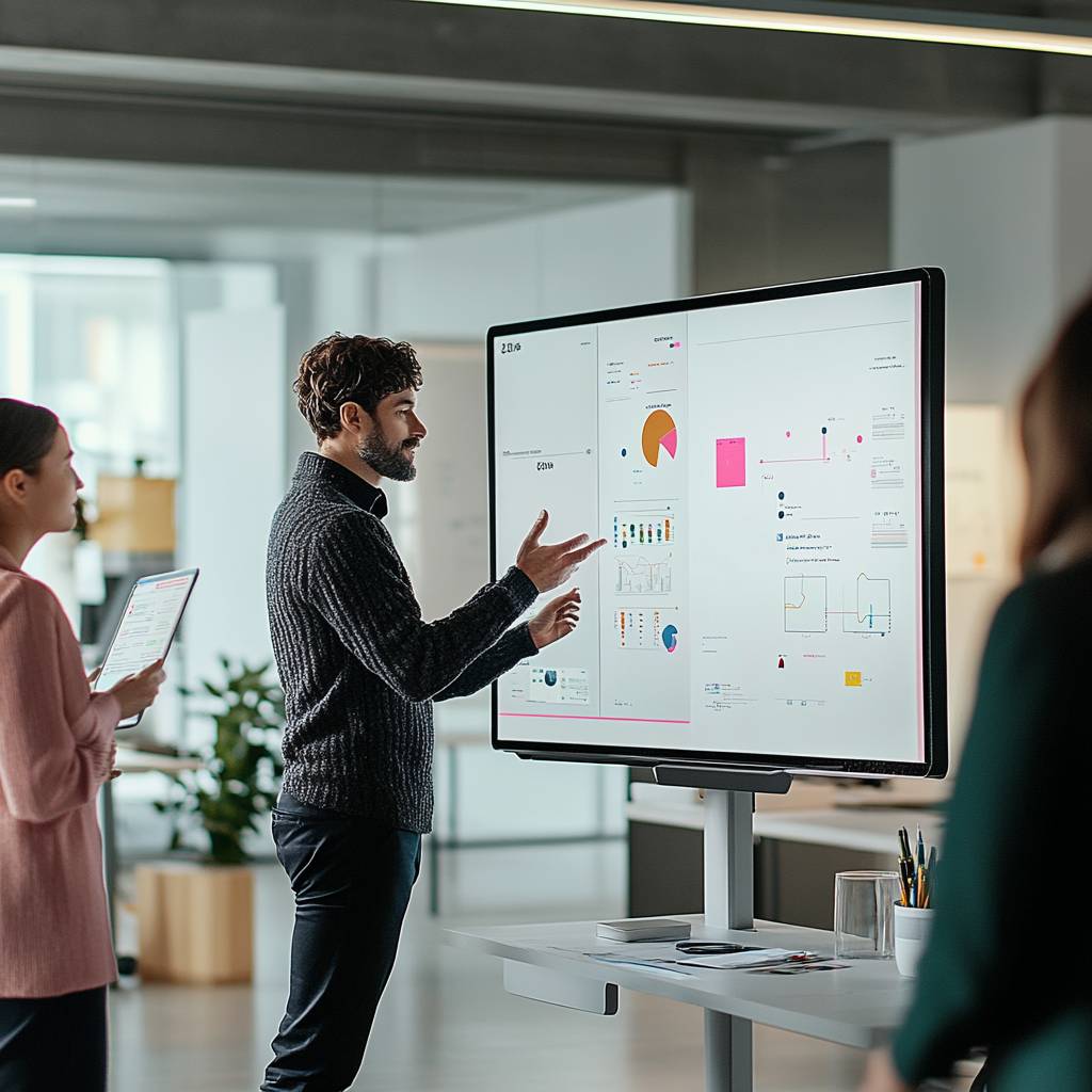 A man in a black sweater gestures towards a large screen displaying various graphs and charts, while a woman in a pink top listens attentively, holding a tablet.
