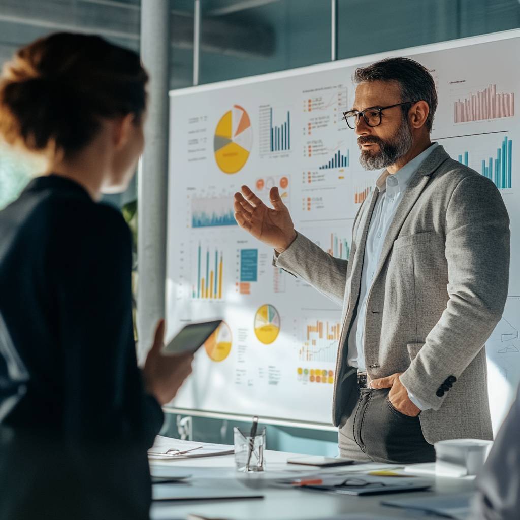 A man in a gray blazer gestures while discussing charts and graphs in a meeting, with a woman holding a smartphone listening attentively.