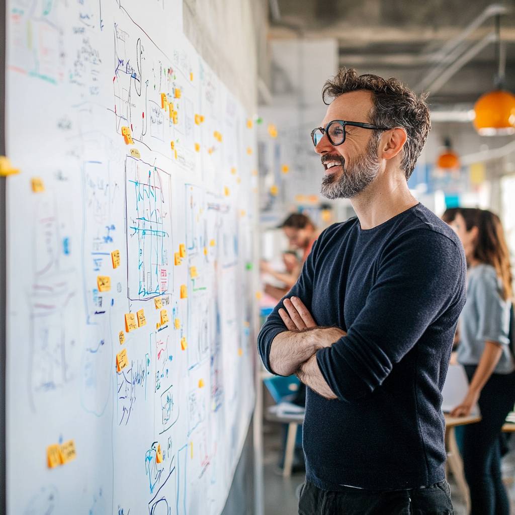 A man with a beard and glasses stands smiling in front of a whiteboard filled with notes and diagrams, with others working in the background.