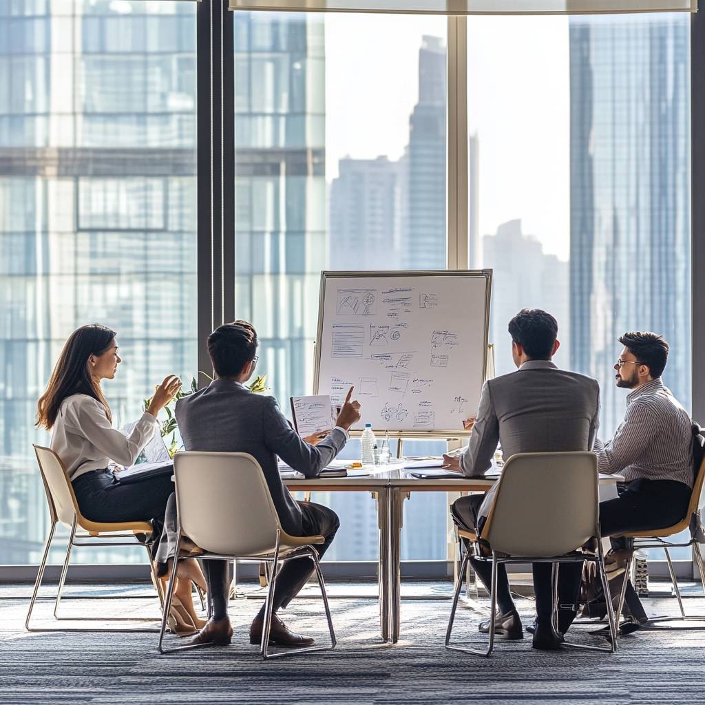 A group of five professionals in business attire engaged in a meeting around a table, discussing ideas presented on a whiteboard, with a city skyline in the background.