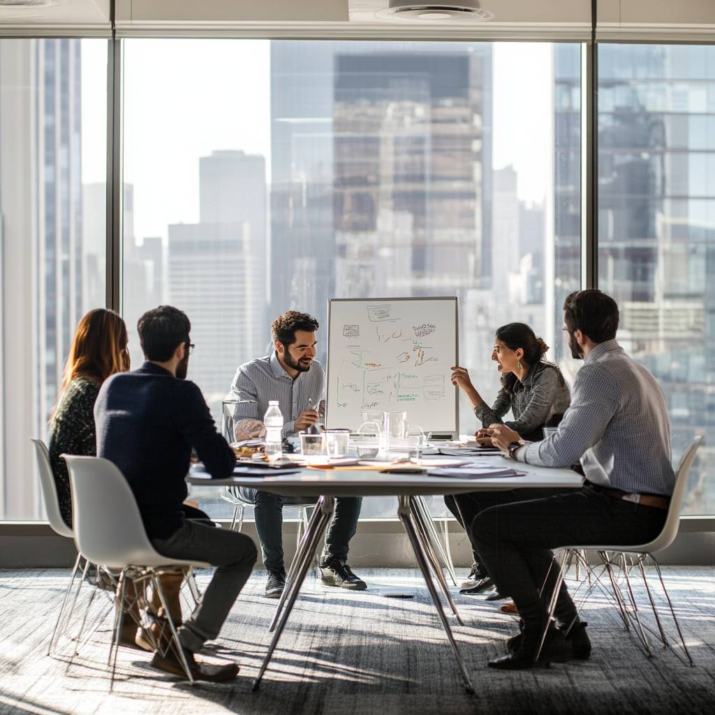 A group of five professionals in a modern meeting room, discussing ideas, with one person presenting on a whiteboard in front of large windows.