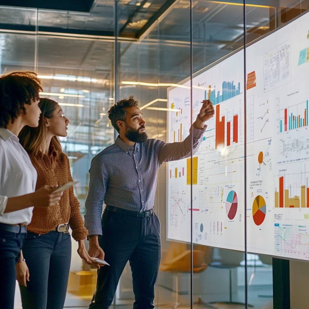 A man points at a digital display filled with graphs and charts while two women observe, in a modern office with glass walls and ambient lighting.