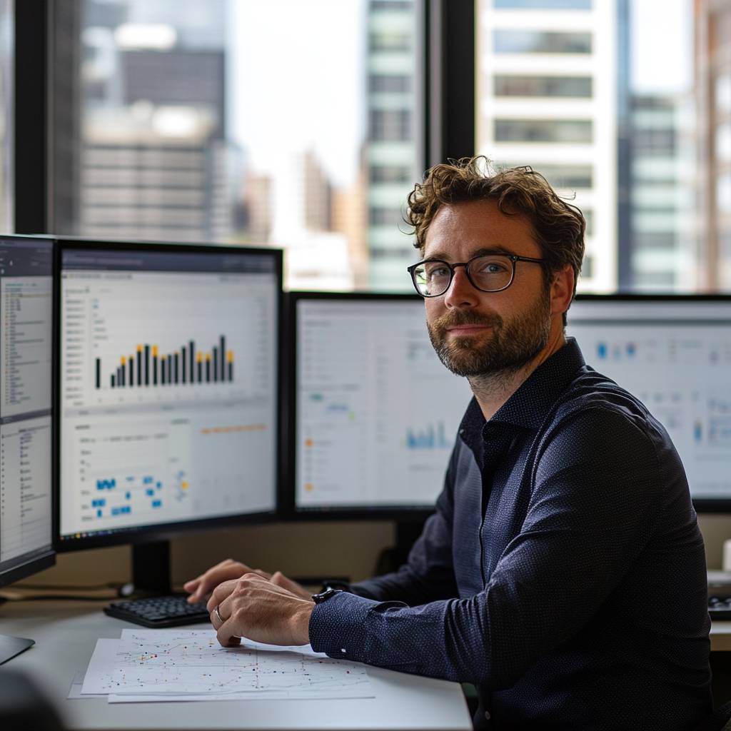 A man with curly hair and glasses sits at a desk surrounded by multiple computer monitors displaying data charts and graphs, with a city view outside.