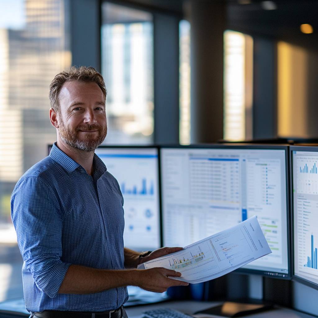 A smiling man with a beard stands in an office, holding papers and displaying charts on multiple computer screens in the background.