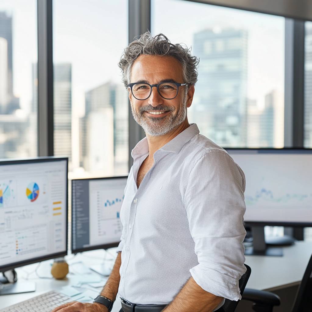 A smiling man with curly gray hair and glasses stands in an office filled with computer monitors displaying graphs and data, city skyline visible outside.