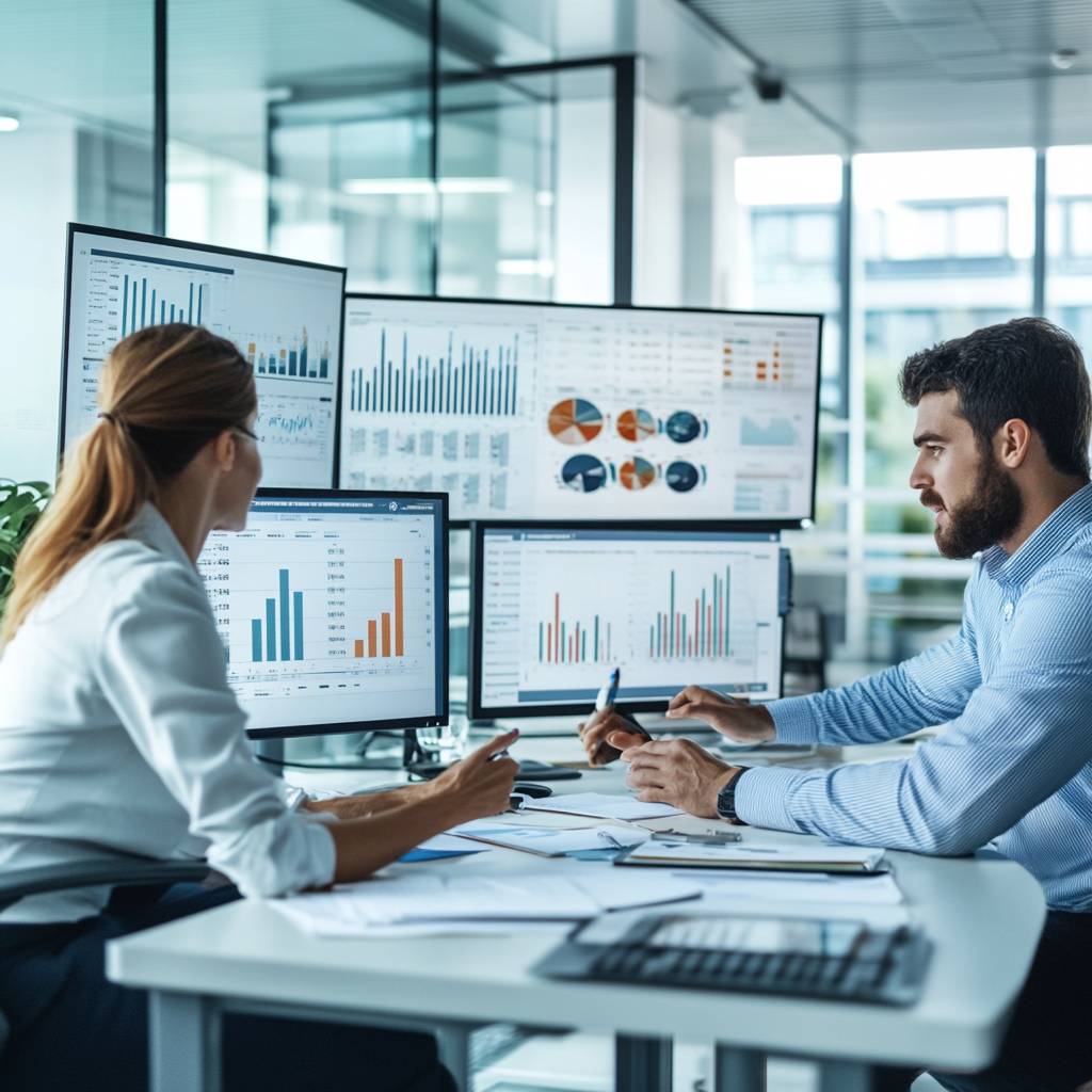Two professionals analyze data on multiple computer screens in a modern office, surrounded by charts, graphs, and papers on their desk.