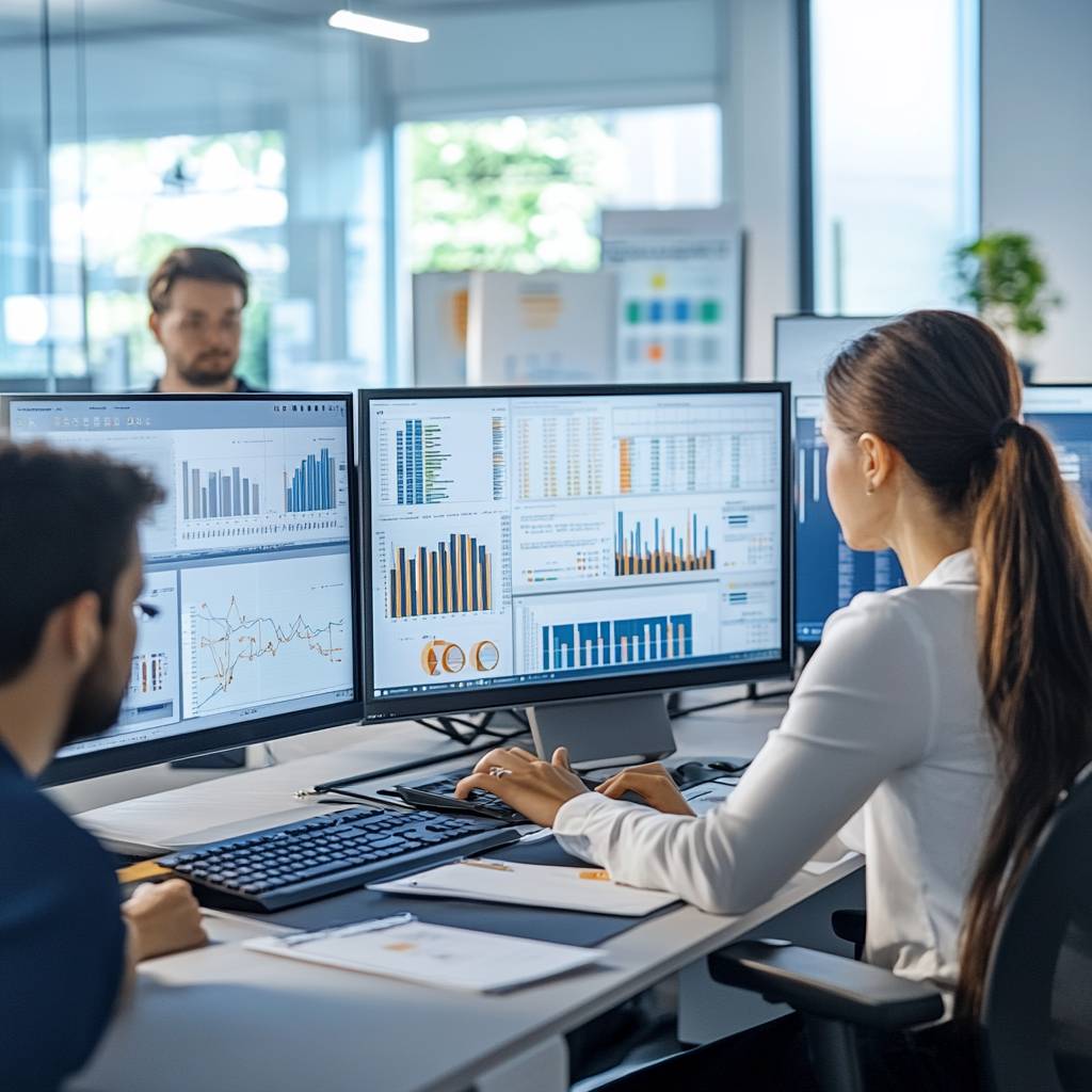 A woman in a white blouse works at a desk with multiple monitors displaying various data visualizations and charts, while a man is visible in the background.