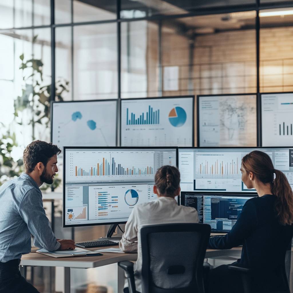 Three professionals analyze data on multiple computer screens in a modern office setting, surrounded by large windows and greenery.