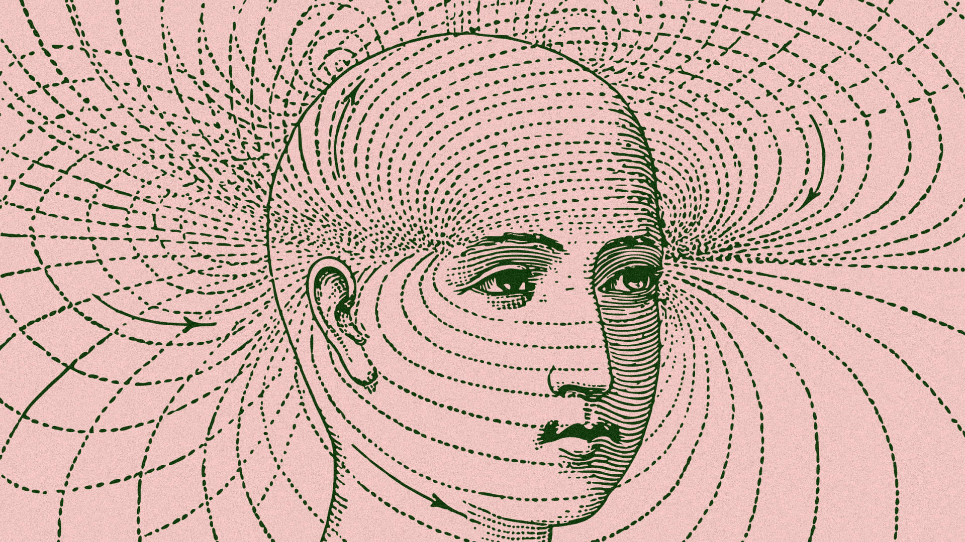 An illustration of a human head with force lines representing intuition or cognition
