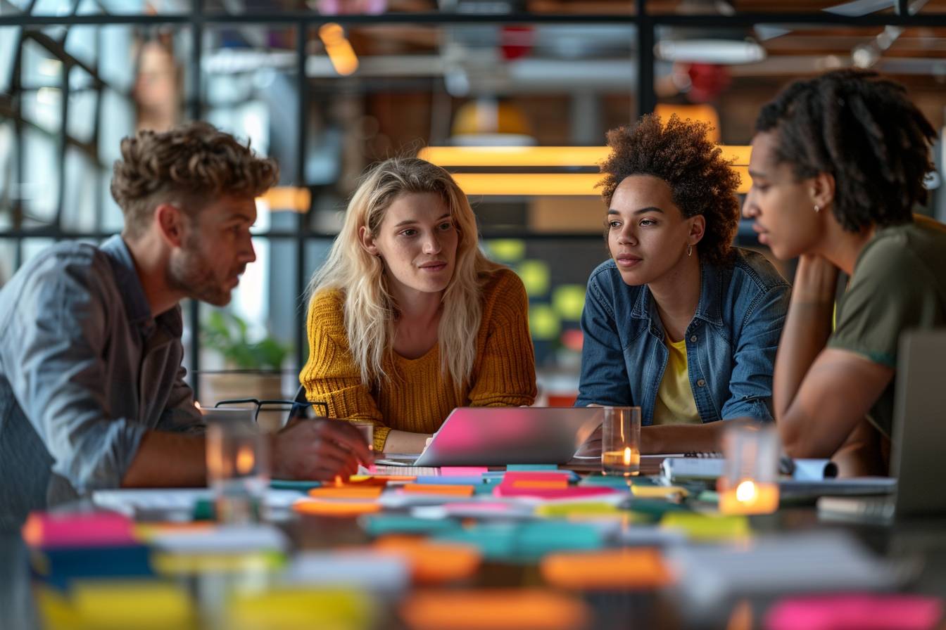 A group of four young professionals engaged in a focused discussion around a table covered in colorful sticky notes and a laptop.