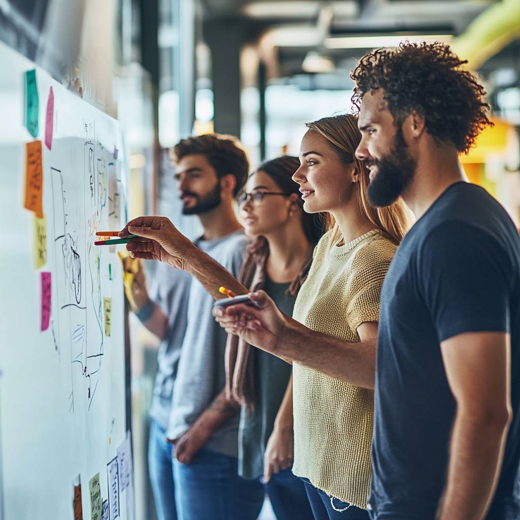 A diverse group of four individuals collaborates enthusiastically by a whiteboard, sharing ideas while using markers and sticky notes.