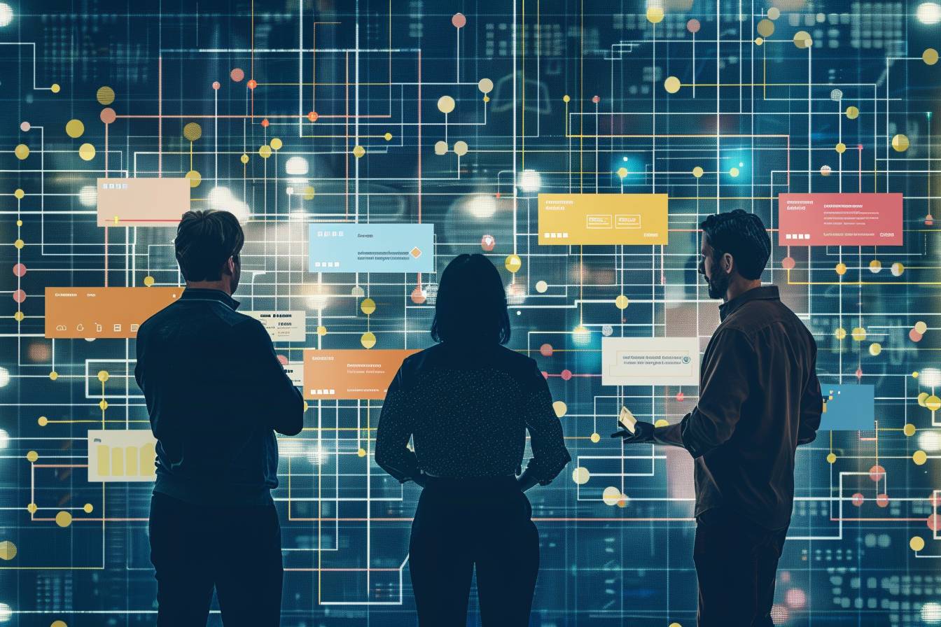 Three individuals analyze a digital dashboard displaying data visuals, interconnected lines, and colorful information panels in a tech-focused environment.