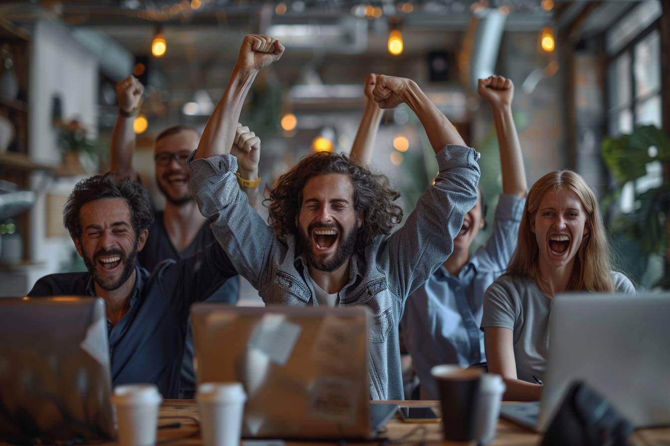 A group of five young adults celebrating joyfully in a casual workspace, with laptops and coffee cups around them, radiating excitement and teamwork.