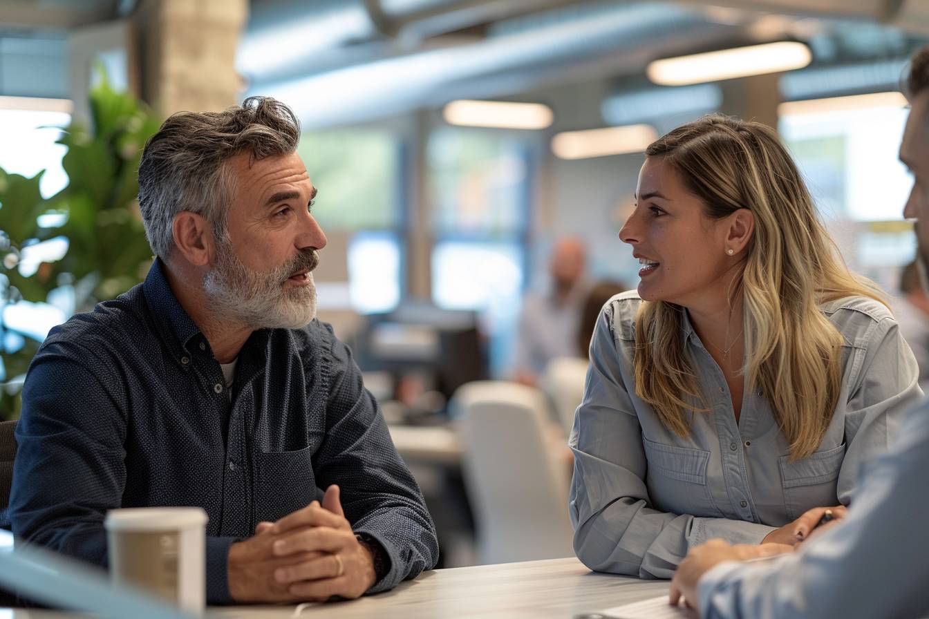 A man and a woman engage in a lively discussion at a modern office, with colleagues working in the background and greenery present.