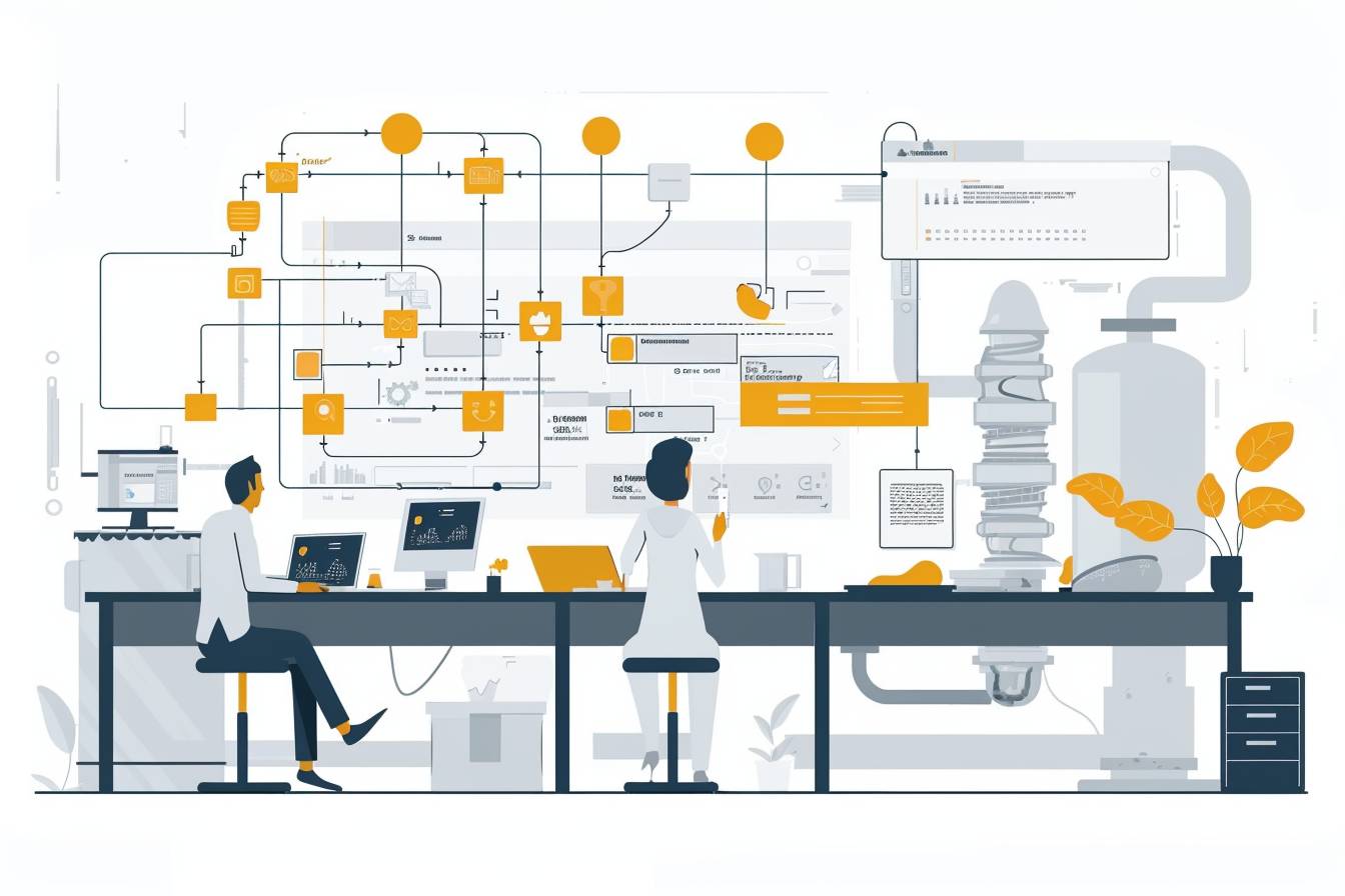 An illustration depicting two individuals working at a lab bench, analyzing data on computers, surrounded by flowcharts and process diagrams.