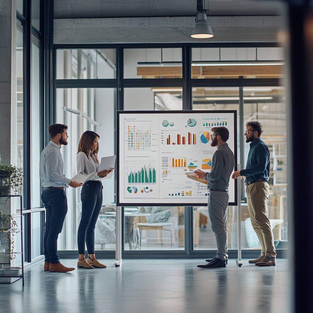 A group of four professionals engaged in a discussion around a digital display featuring various business graphs and charts in a modern office.