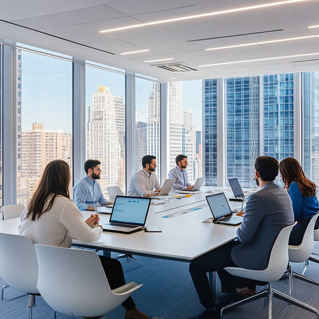 A group of professionals in a modern conference room, engaged in a meeting with laptops and a cityscape view through large windows.