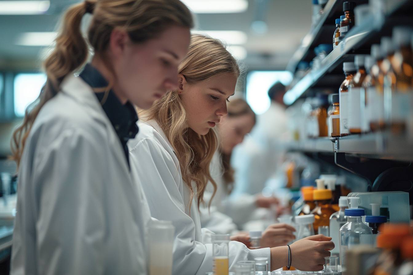 A group of young scientists in white lab coats work diligently at a laboratory bench, surrounded by various glassware and chemical bottles.