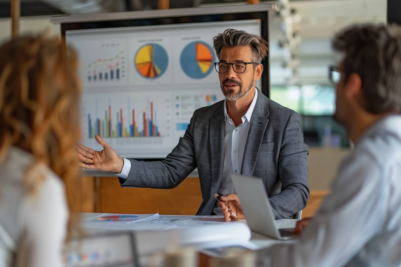 A professional man in a suit presents data charts during a business meeting, engaging with listeners seated at a table.